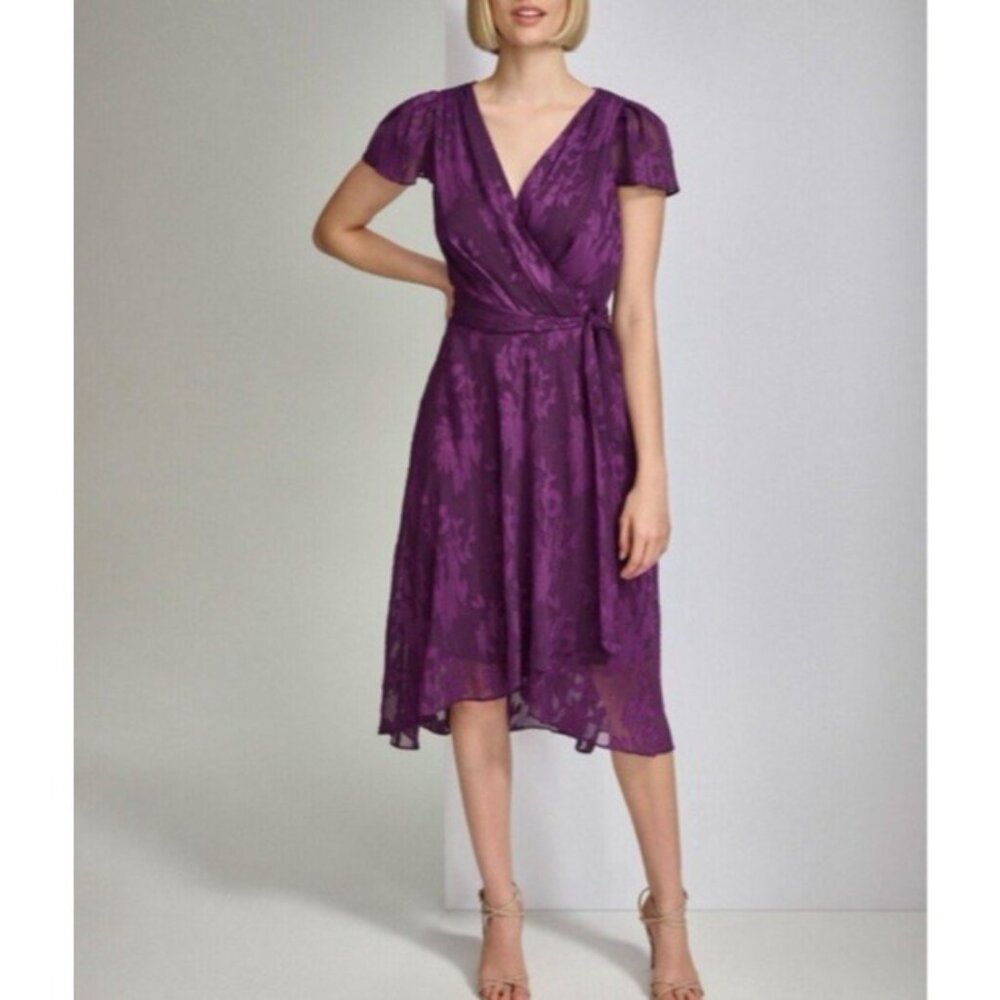 DKNY Dress 6 Purple Flowy Midi Belt Short Sleeve Stretch Career Church Washable